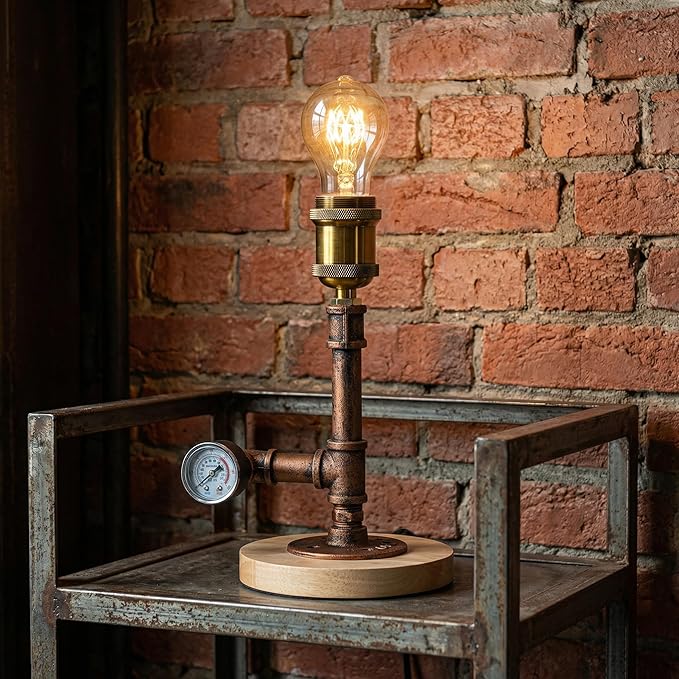 mini Steampunk Compact Copper Pipe Table Lamp with Decorative Pressure Gauge (Wood Base) QTF-BT03