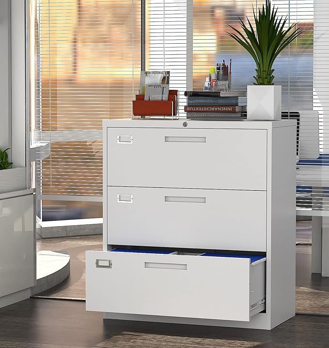 MIIIKO Lateral File Cabinet 3 Drawer, White Metal Filing Cabinet with Lock Lock for Home Office, Large Storage File Organizer for Hanging File Folders,Easy Assemble
