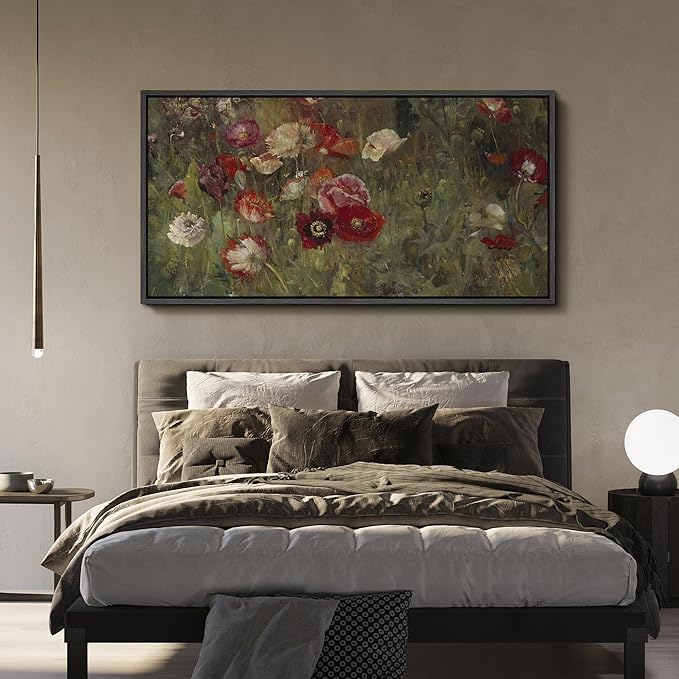 SIGNFORD Extra Large Framed Canvas Vintage Red and White Poppy Field Illustrations Modern Art Calm Warm for Living Room, Bedroom, Office - 60"x30"