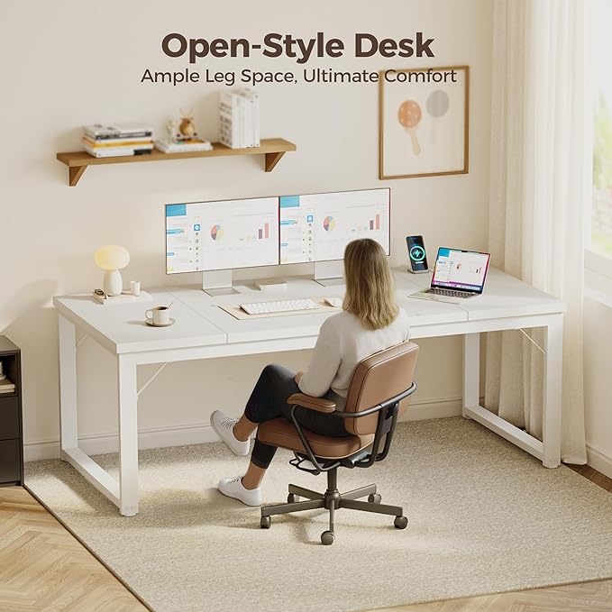 Mericonia 63 Inch Large Computer Desk with Power Outlets, 1.2" Thick Heavy Duty Industrial Office Desk, Modern Simple Study Writing Table for Home Office Bedroom Workstation, White