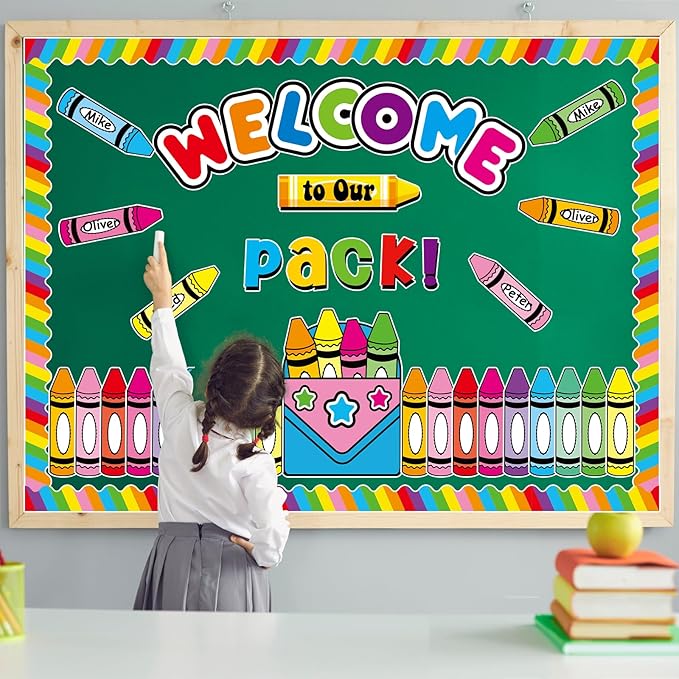 Welcome to Our Pack Bulletin Board Decorations Back to School Crayon Theme Classroom Bulletin Board Border Set Colorful Crayons Name Tags for School Teacher Supplies Home Wall Decor