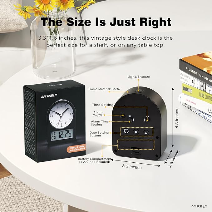 AYRELY® 4" Analog Digital Alarm Clock, Battery Operated Desk Clock, Table Clock with Snooze Calendar Temperature for Living Rooms Bedrooms Shelf Home Decor