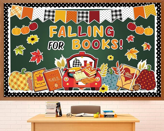 gisgfim Fall Bulletin Board Decorations Set Fall Thanksgiving Pumpkin Classroom Paper Cutouts Falling for Books Pumpkin Maple Leaf Bulletin Board Decor fo Home School Library Chalkboard Wall