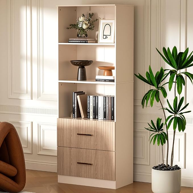 Oak Bookshelf with Drawers, 63" Tall Book Shelf with Storage, 3 Shelf Bookcase with Adjustable Shelf, 3 Tier Modern Book Shelf, Open Shelves Bookcase, Unique Bookshelf Home Office, Oak