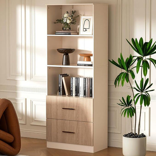 Oak Bookshelf with Drawers, 63" Tall Book Shelf with Storage, 3 Shelf Bookcase with Adjustable Shelf, 3 Tier Modern Book Shelf, Open Shelves Bookcase, Unique Bookshelf Home Office, Oak