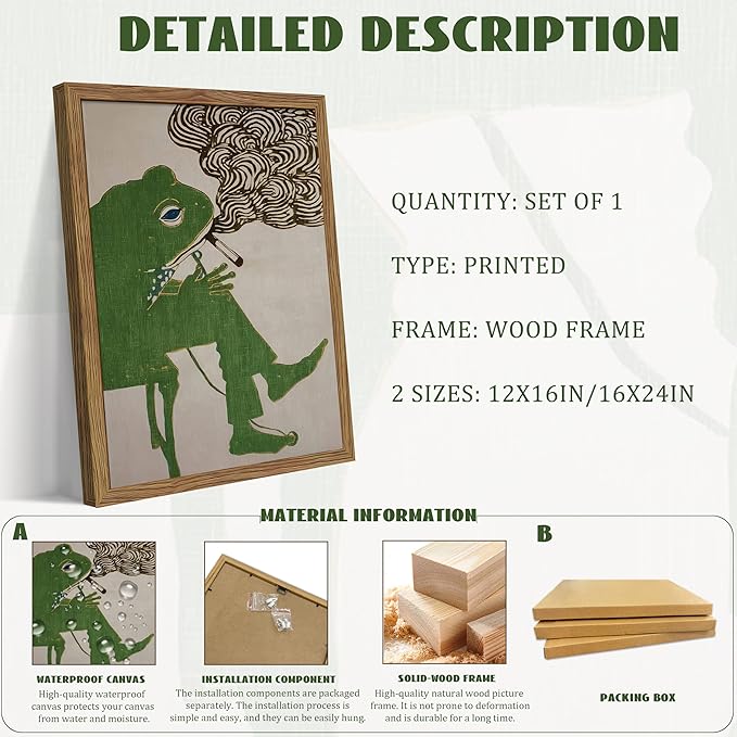 Vintage Frog Wall Art, Funky Eclectic Canvas Wall Decor, Retro Whimsical Japanese Picture Painting, Moody Animal Artwork Print Poster for Living Room Bedroom Office 12x16 Inch Framed