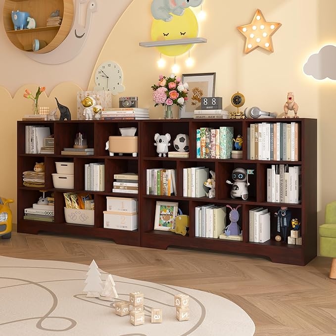 Book Shelf Set of 2, 10 Cubes Storage Organizer, 3-Tier Open Shelf Wooden Bookcase, Freestanding Cherry Bookshelf Cube Shelf for Bedroom, Living Room, Home Office