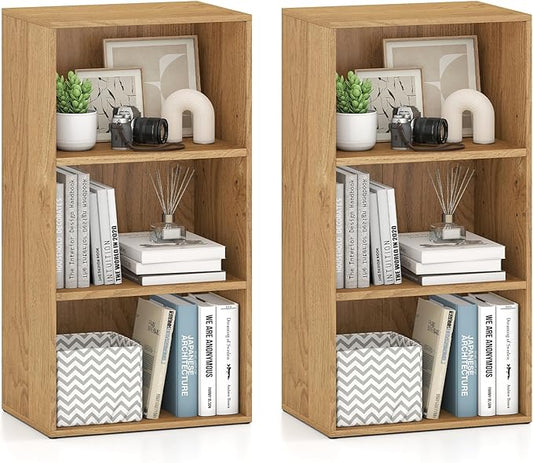 Giantex 3 Tier Bookcases Set of 2, Modern Book Shelves Cube Storage Organizer, Open Storage Cabinet Multi-Functional Home Office Bedroom Furniture Display Bookcases, Natural