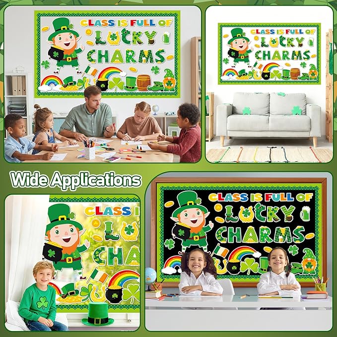 St. Patrick's Day Bulletin Board Set Lucky Shamrock Classroom Decoration Leprechaun Gold Coin Jar Bulletin Board Luck Shamrock Irish Clover Paper Cutouts for School Classroom Chalkboard Wall Decor
