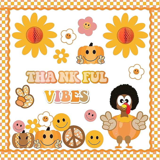 Xqumoi 91Pcs Retro Groovy Fall Turkey Bulletin Board Thankful Vibes Borders Decorations Hippie Autumn Pumpkin Daisy Give Thanks Cutouts for Thanksgiving School Classroom Home Office Chalkboard Decor