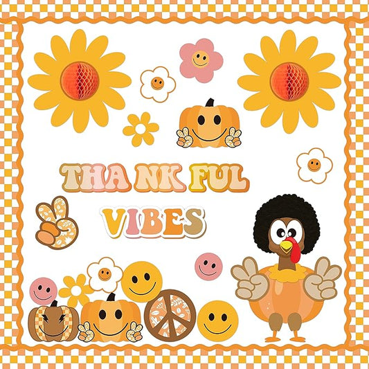 Xqumoi 91Pcs Retro Groovy Fall Turkey Bulletin Board Thankful Vibes Borders Decorations Hippie Autumn Pumpkin Daisy Give Thanks Cutouts for Thanksgiving School Classroom Home Office Chalkboard Decor