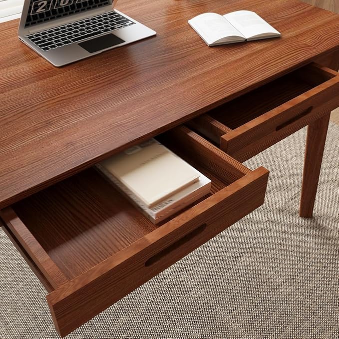 40 Inch Compact Computer Gaming Desk, Study Work Office Desk with 2 Storage Drawers, Rectangular Study Reading Table, Simple Computer Writing Table for Home Office, Living Room,Walnut Color