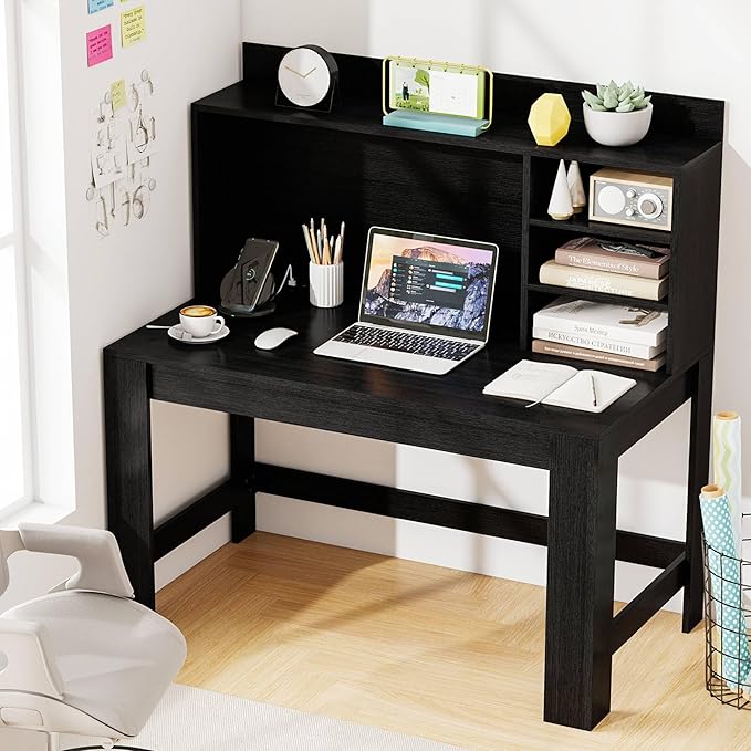 Tangkula Computer Desk with Hutch & Charging Station, Home Office Writing Study Desk with Storage Shelves, Cable Management Hole, Laptop Desk, Desk for Bedroom, Computer Workstation (Black)