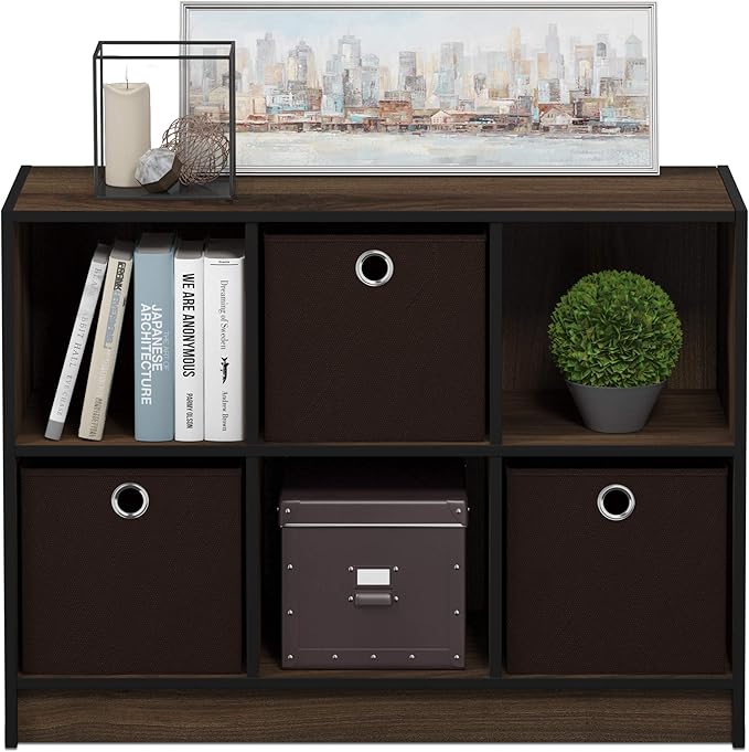 Furinno BASIC Book Shelf, 6-Cube Bookshelf with Open Shelf, 3 x 2 Bookcase with Storage Bins, Closed Back, Horizontal, 11.9 x 31.6 x 23.6, for Living Room, Bedroom, Home Office, Columbia Walnut