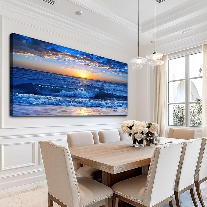 Canvas wall art for living room Blue Ocean Sea sun landscape painting bathroom Wall Decor Ready to Hang for Home Decorations office family bedroom kitchen Works canvas Prints pictures 30" x 60"inch