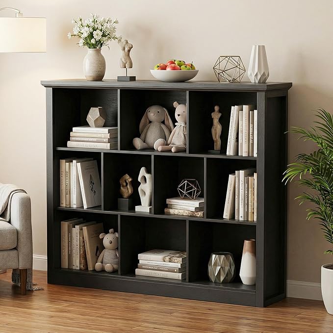 Unikito 10 Cube Storage Book Shelf - 50" Wide Wood Cube Storage Organizer, Wooden 3 Tiers Floor Standing Low Bookcase for Living Room, Bedroom, Home Office, Kids Room