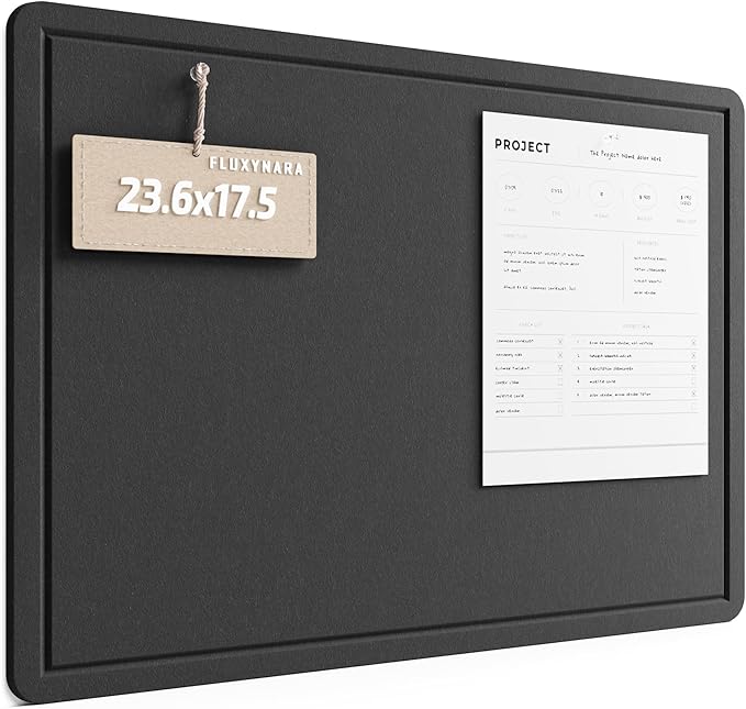 Fluxynara Bulletin Board, 23.6" x 17.5" Cork Board Alternative with 12 Safe Removable Adhesive Tabs, Foldable Felt Pin Board for Home Office, Classroom, Bedroom,Entryway for Walls— Black