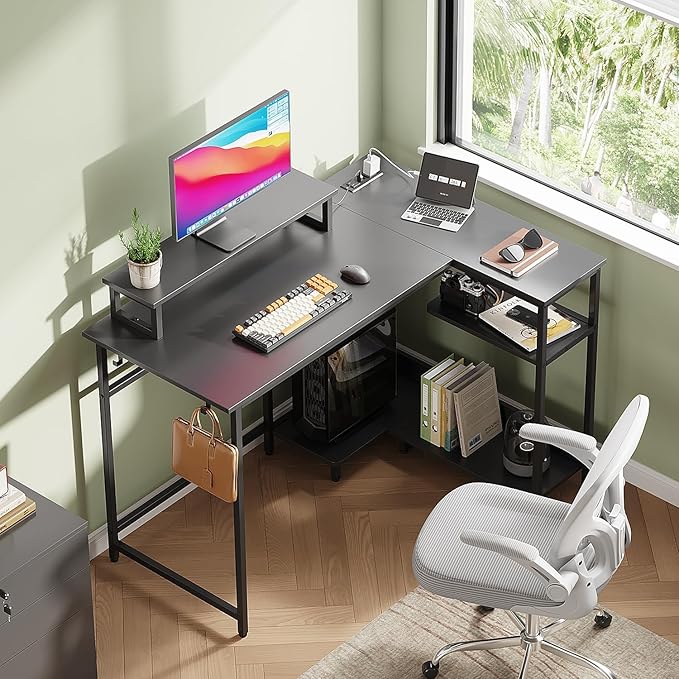 DEVAISE 43 Inch L Shaped Gaming Desk with LED Lights & Power Outlets, Corner Desk for Small Spaces, Sturdy PC Computer Table with Storage for Home Office, Black