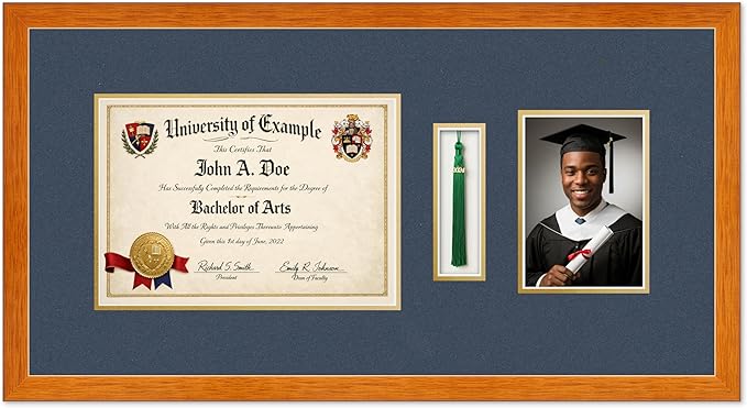Diploma Tassel and Photo Shadowbox Fits 11.69 x 8.27 A4 Certificate with Tassel Hook Honey Oak Genuine Hardwood with Navy Blue Over Metallic Gold Double mat