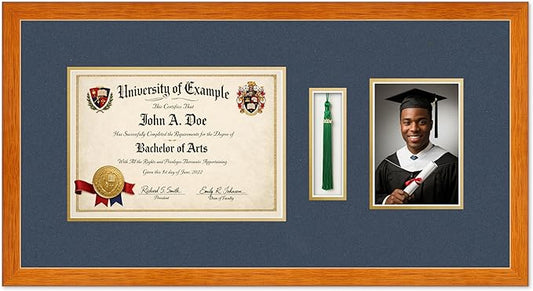 Diploma Tassel and Photo Shadowbox Fits 11.69 x 8.27 A4 Certificate with Tassel Hook Honey Oak Genuine Hardwood with Navy Blue Over Metallic Gold Double mat
