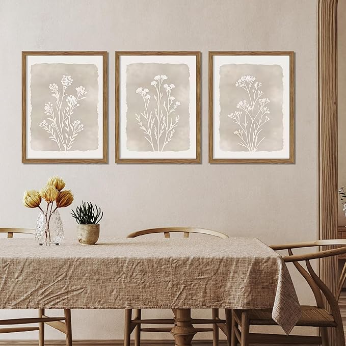 Framed Boho Botanical Flower Wall Art Set of 3, Vintage Minimalist Neutral Floral Wall Decor Paintings, Rustic Farmhouse Wildflower Artwork Prints Picture for Living Room Bedroom Bathroom 16x24 Inch