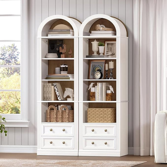 Tall Narrow Bookshelf Set of 2, Arched Bookshelf with 2 Drawers, 7-Tier Farmhouse Arch Bookcase, Wooden Book Shelf with Open Display Shelves for Office, Living Room, Walnut and White