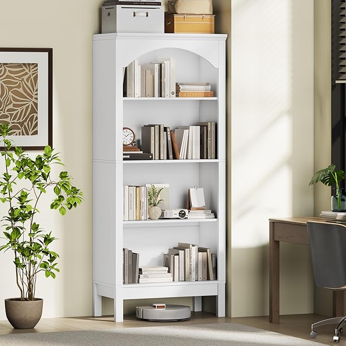56" H Tall Bookshelf and Bookcase, Arched Book Shelf with 4-Tier Open Shelves, Wooden Storage Bookcase Freestanding Display Bookshelves for Bedroom, Living Room, White