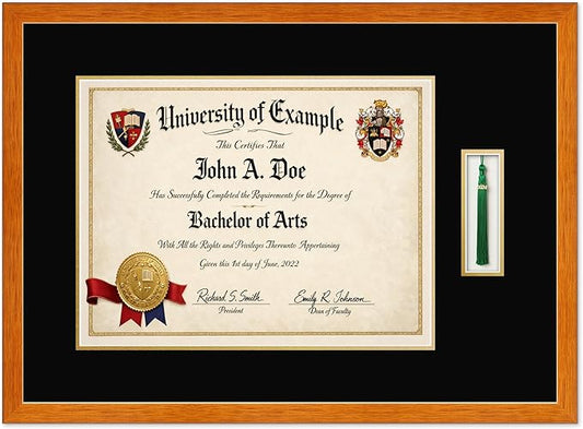 CountryArtHouse Diploma and Tassel Frame Fits 17 x 13 International Diploma with Tassel Hook Honey Oak Genuine Hardwood Shadowbox with Black Over Metallic Gold Double mat