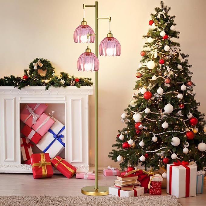 Dimmable Floor Lamps for Living Room-3 Light Gold Vintage Floor Lamp with Glass Lampshape & Three Bulbs,Modern Mid Century Standing Lamp Green Flower Tall Tree Floor Lamp for Bedroom Corner