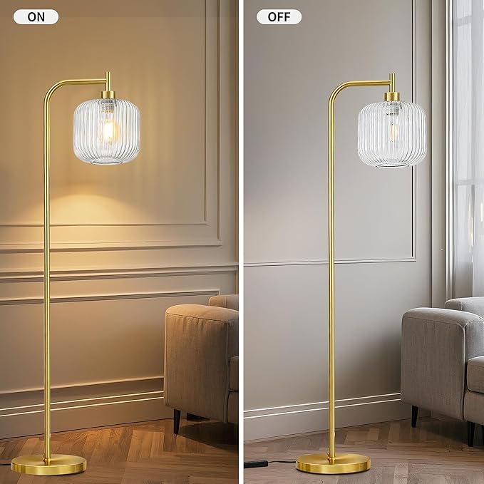 MAYNA Mid Century Modern Floor Lamp, Clear Ribbed Glass Standing Lamp with Built-in Timer Switch, Gold Tall Vintage Lamps for Living Room Bedroom, 2700K LED Bulb Included