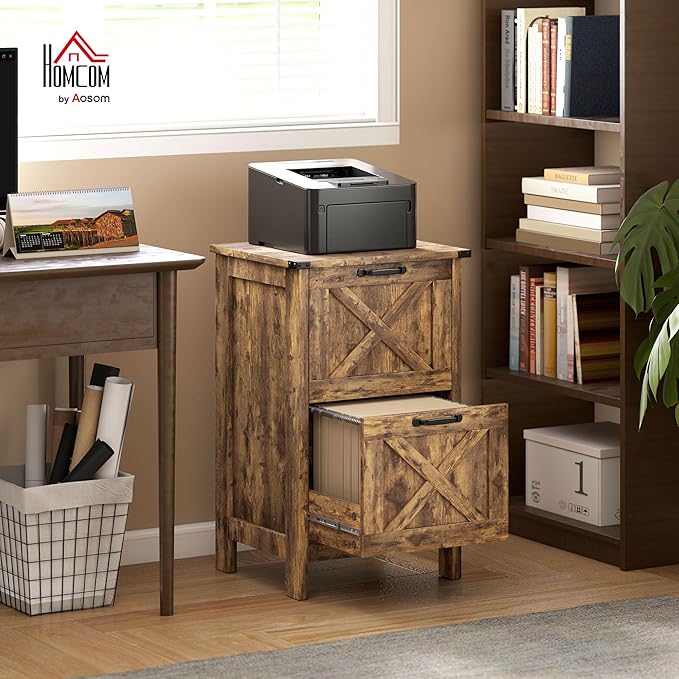 HOMCOM 2 Drawer Vertical File Cabinet with Silent Slides, Rustic Farmhouse Filing Cabinet with Barn Doors for A4/Letter Size, Printer Stand with Storage for Home Office, Rustic Brown