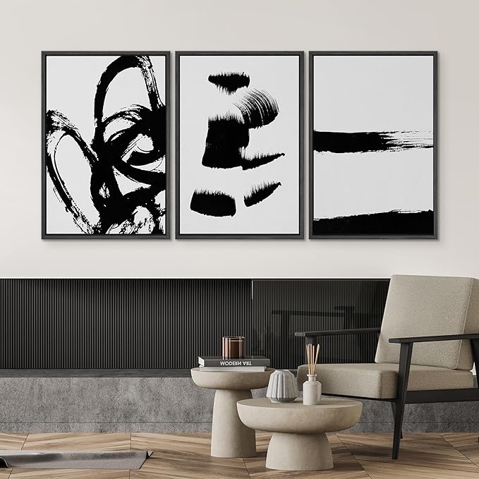 SIGNWIN Framed Wall Art Print Set Grunge Style Black & White Paint Strokes Abstract Shapes Illustrations Modern Art Bohemian Group Dramatic Grey for Living Room, Bedroom, Office - 16"x24"x3 Black
