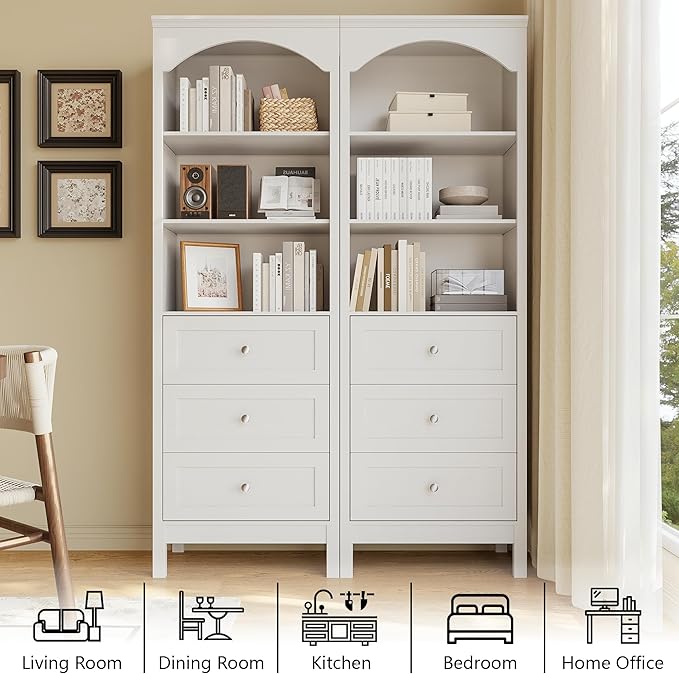71" H Tall Bookshelf with Drawers, Farmhouse Book Shelf with 3-Tier Open Shelves, Wooden Bookcase with Storage Drawers, Freestanding Bookshelves for Bedroom, Living Room, White