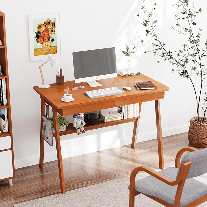 Solid Wood Desk with Drawers - 39.4 Inch Mid Century Modern Desks with Storage Shelf, Small Writing Desk for Small Spaces, Home Office Desks for Bedroom & Home, Walnut Color