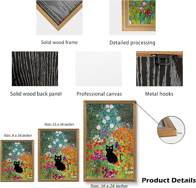 Fantasy Artists Gustav Klimt Canvas Wall Art, Framed Aesthetic Cat Floral Wall Decor, Garden Flower Black Cat Poster Paintings for Living Room Bedroom Bathroon, Dorm Home Decorations, 12" X 16"