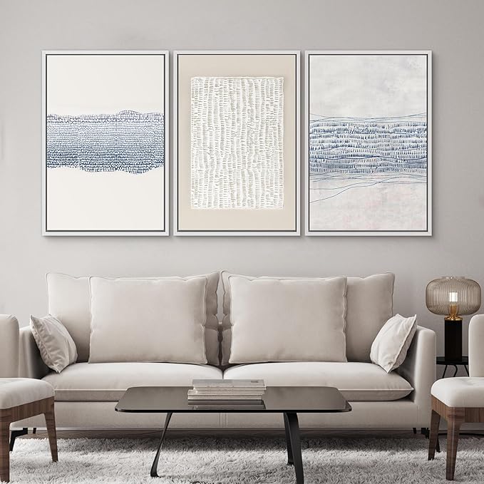 SIGNWIN Framed Canvas Print Wall Art Set Blue White Grunge Geometric Pattern Abstract Shapes Cozy Neutral Modern Art Decorative Contemporary Minimal for Living Room, Bedroom, Office - 16"x24"x3 White