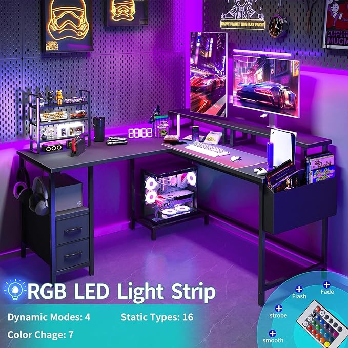 Lufeiya L Shaped Gaming Desk with Led Lights and Power Outlets, 48 Inch Corner Home Office Desk with Monitor Stand Shelves, Writing Study Computer Desks with Fabric Drawers for Bedroom, Black