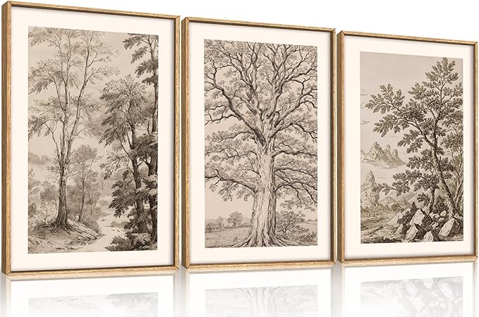 Large Vintage Tree Sketch Framed Canvas Wall Art,Brown and Beige Botanical Wall Decor,Natural Forest Artwork,Textured Landscape Art Print for Living Room,Bedroom,Office- 16"x24"x3
