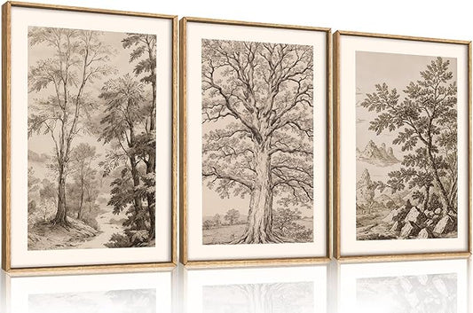 Large Vintage Tree Sketch Framed Canvas Wall Art,Brown and Beige Botanical Wall Decor,Natural Forest Artwork,Textured Landscape Art Print for Living Room,Bedroom,Office- 16"x24"x3