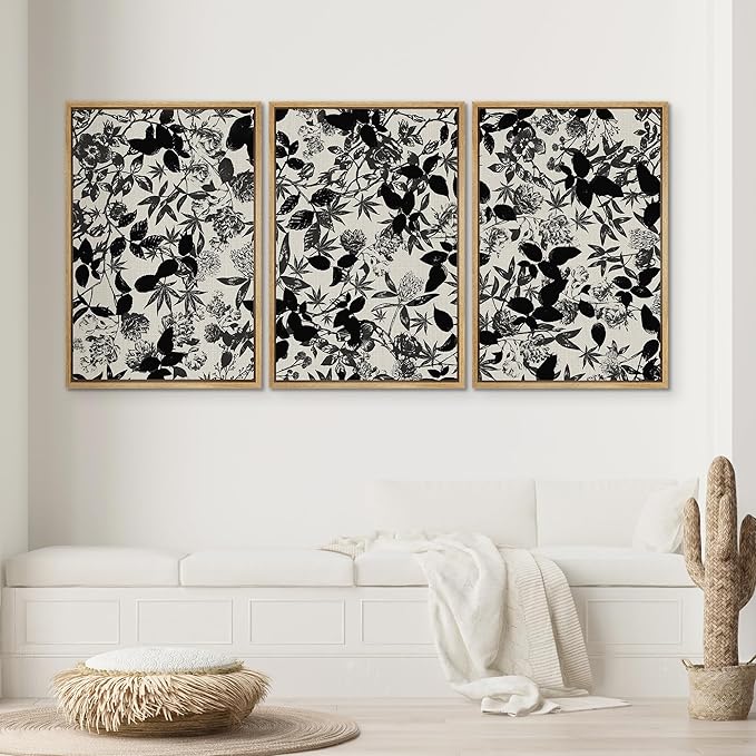SIGNWIN Framed Canvas Print Wall Art Set Black and White Botanical Collage Monochrome Floral and Leaf Illustrations Modern Art Decorative Abstract for Living Room, Bedroom, Office - 24"x36"x3 Natural