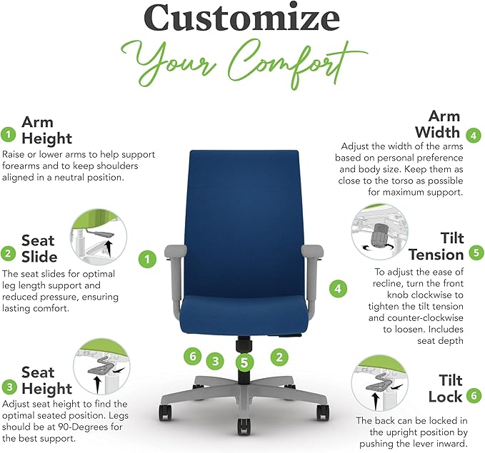 HON Ignition 2.0 Fabric Office Chair, Upholstered, Adjustable Arms, Standard Synchro-Tilt Recline Executive Ergonomic Office Chair, Titanium Frame, Indigo