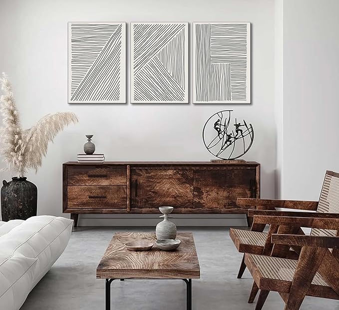 3 Pieces Minimalism Abstract Boho Lines Canvas Wall Art Modern Black and White Neutral Bohemia Geometric Pictures Wall Decor Posters Print Artwork for Living Room Bedroom Office Home Decoration