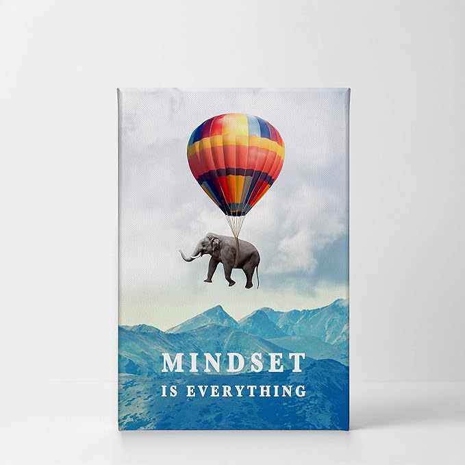 Smile Art Design Mindset is Everything Quote Elephant with Balloon Motivational Wall Art Canvas Print Inspirational Wall Art Entrepreneur Quote Office Living Room Decor Gift Ready to Hang 28x19
