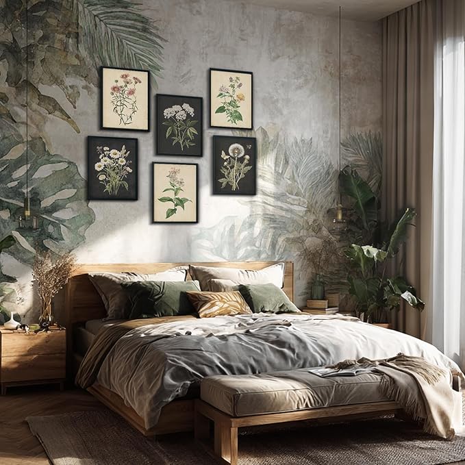 CEXYLVXR 6Pcs Vintage Botanical Wall Art Set Wildflower Herb Canvas Prints Rustic Farmhouse Wall Decor Pictures Dark Botanical Floral Painting for Living Room Bedroom Bathroom (8x10in Posters)
