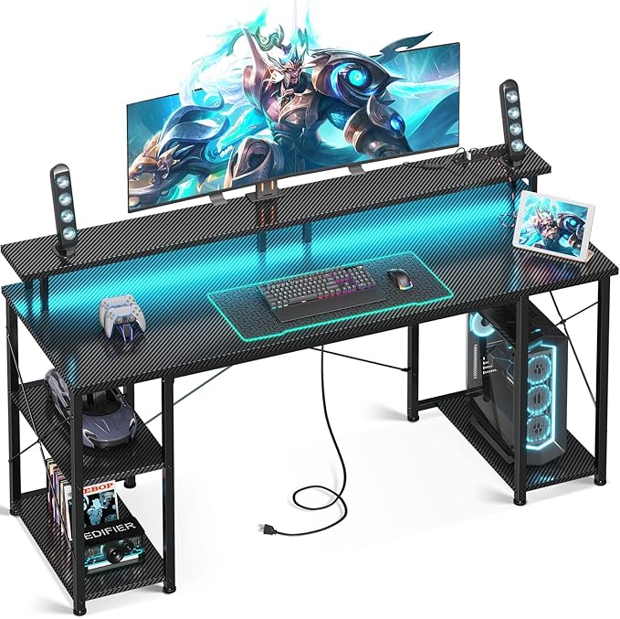 ODK 63 inch Computer Desk with Power Outlets & LED Lights, Gaming Desk with Monitor Stand & Storage Sheves, Home Office Desk, Carbon Fiber Black