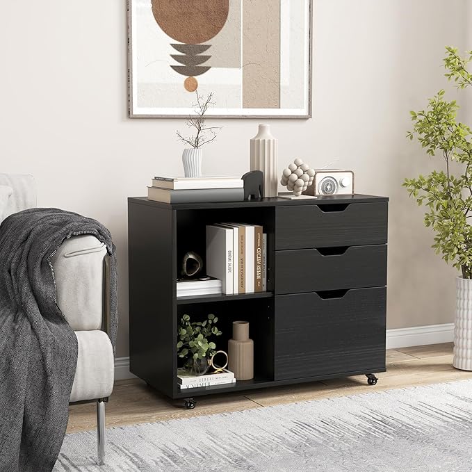 Giantex 3 Drawer File Cabinet, Office Storage Cabinet Fits Files Letter, A4, Legal Size, Rolling Printer Stand with Adjustable Shelf, Office Organization and Storage, Lateral Filing Cabinet (Black)