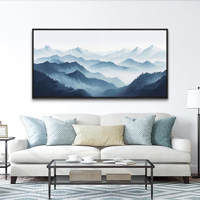 Wapluam Large Canvas Wall Art For Living Room Black Framed Wall Decor For Office Bedroom Decoration Art Black And White Grey Mountain Scenery Wall Painting View Wall Picture Hotel Room Home Artwork