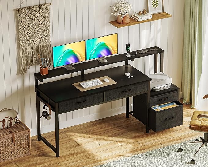 AODK Computer Desk with 4 Drawers, 55 Inch Office Desk with Printer Shelf & Built-in Power Outlet, Work Desk with Monitor Shelf for Home Small Spaces, Black