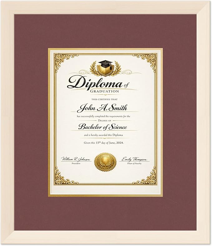 CountryArtHouse Diploma Frame Fits 8.5 x 11 Certificate (Portrait) - Keepsake Graduation Display Coastal Whitewash Genuine Hardwood with Dark Red Over Metallic Gold Double mat