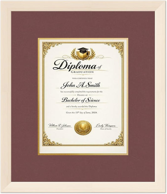 CountryArtHouse Diploma Frame Fits 8.5 x 11 Certificate (Portrait) - Keepsake Graduation Display Coastal Whitewash Genuine Hardwood with Dark Red Over Metallic Gold Double mat